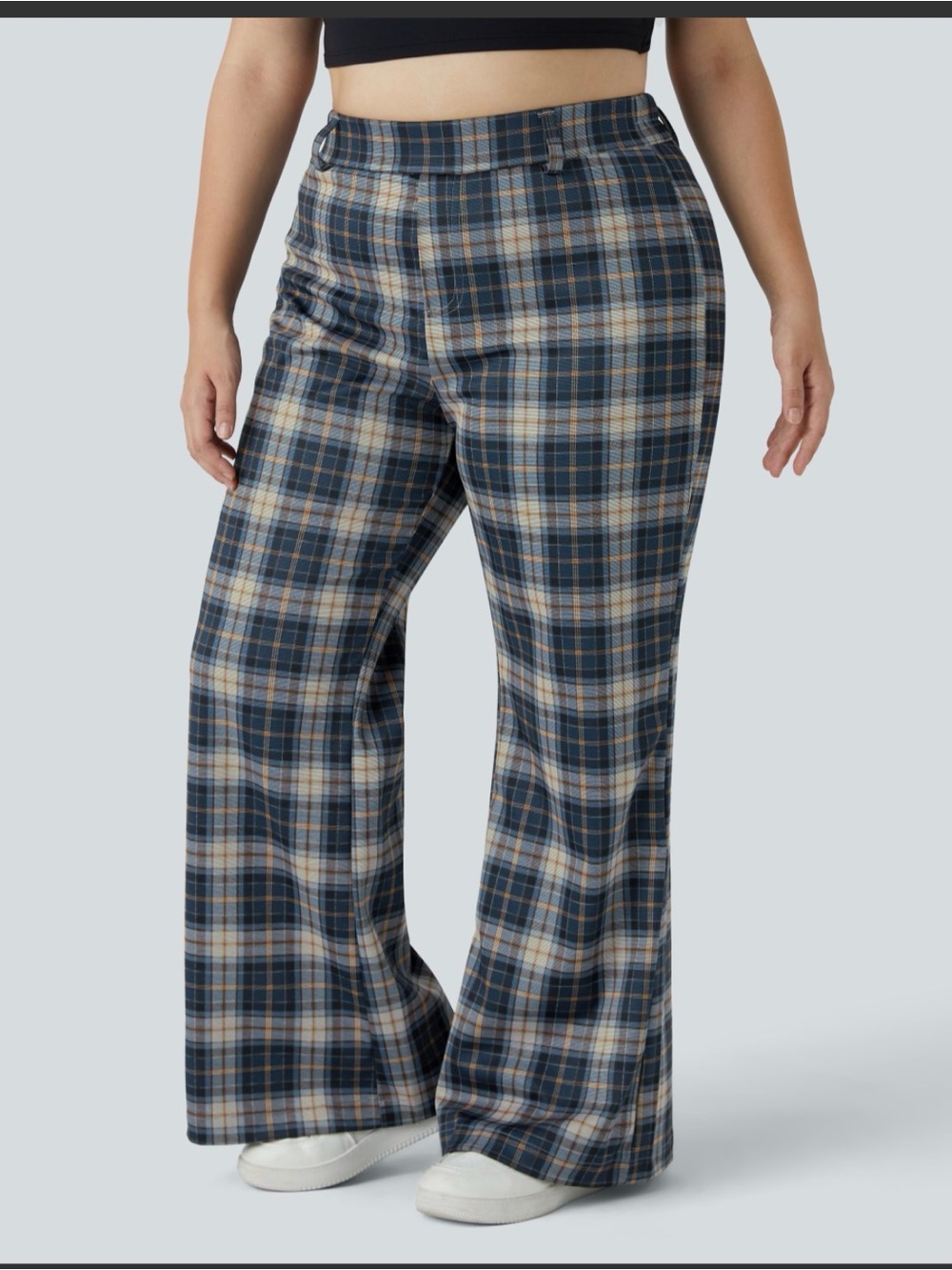 HALARA High Waisted 1X Navy Blue Plaid Pull On Stretch Wide-Leg Pants